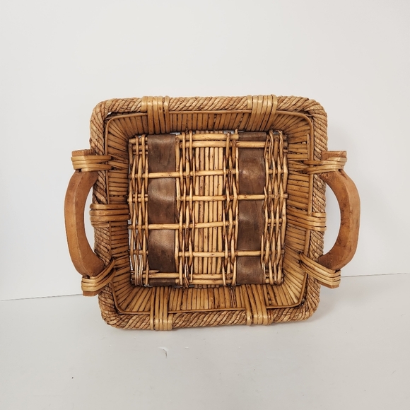 Vintage Other - Vintage Square Rattan Wicker Basket Serving Tray Home Decor 90s Boho Bohemian